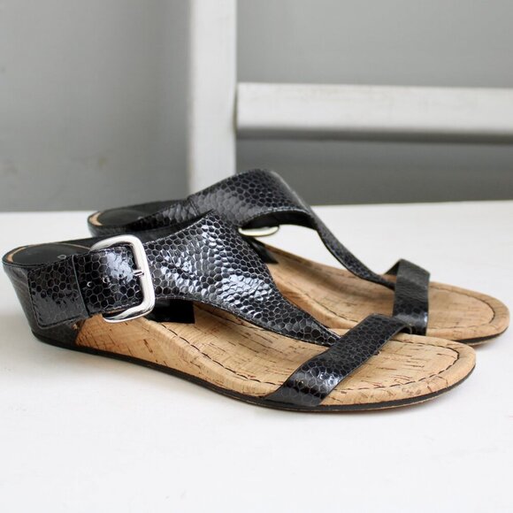 Donald J. Pliner Shoes - Donald J. Pliner Black Doli 2 Patent Leather Thong Cork Wedge Sandals Size 8.5